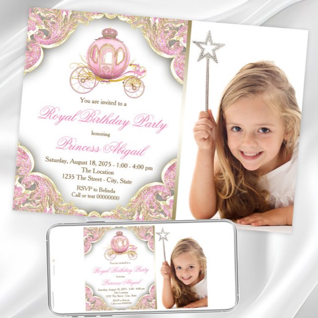 Invitación Foto de cumpleaños de la princesa de oro rosa Fies (Princess photo any number birthday invitation. Instant download and printed invitations available.)
