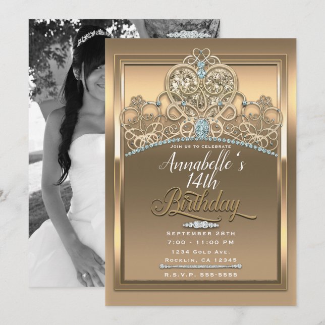 Invitación Foto de cumpleaños de la princesa Glam Gold (Anverso / Reverso)
