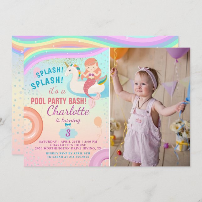 Invitación Foto de cumpleaños de la sirena de Unicorn, Fiesta (Anverso / Reverso)