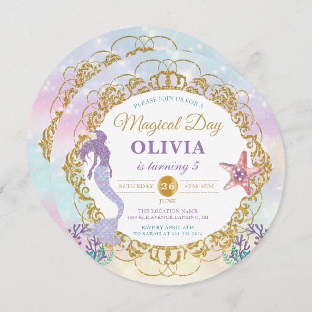 Invitación Foto De Cumpleaños De La Sirena purpurina Bajo El  (Anverso / Reverso)