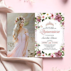 Invitación Foto de cumpleaños de las mariposas florales de Qu