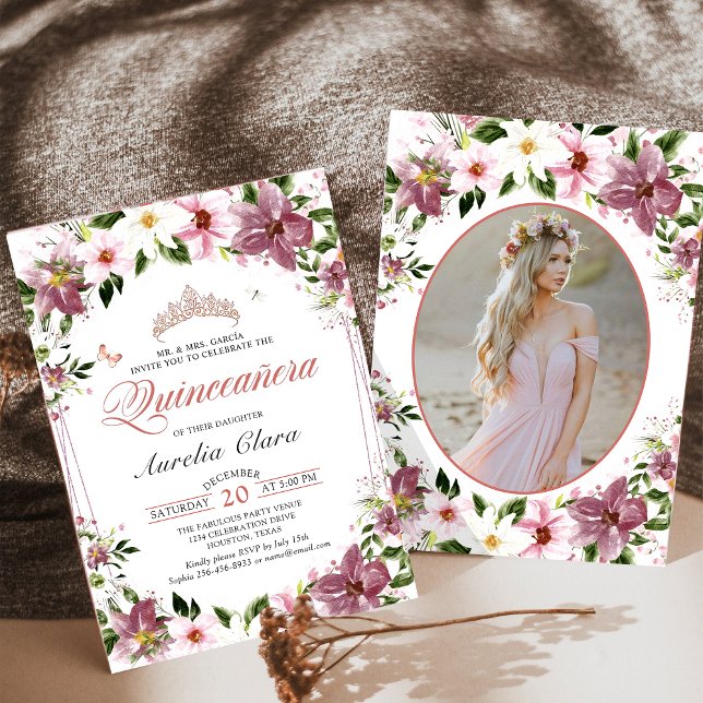 Invitación Foto de cumpleaños de las mariposas florales de Qu (Subido por el creador)