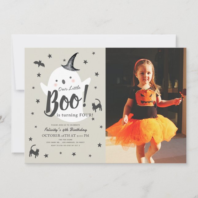 Invitación Foto de cumpleaños de Little Boo Ghost Halloween (Anverso)