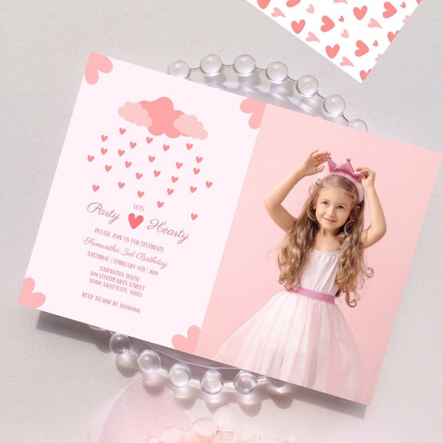 Invitación Foto de cumpleaños de Lluvia Cardíaca Rosa (Subido por el creador)