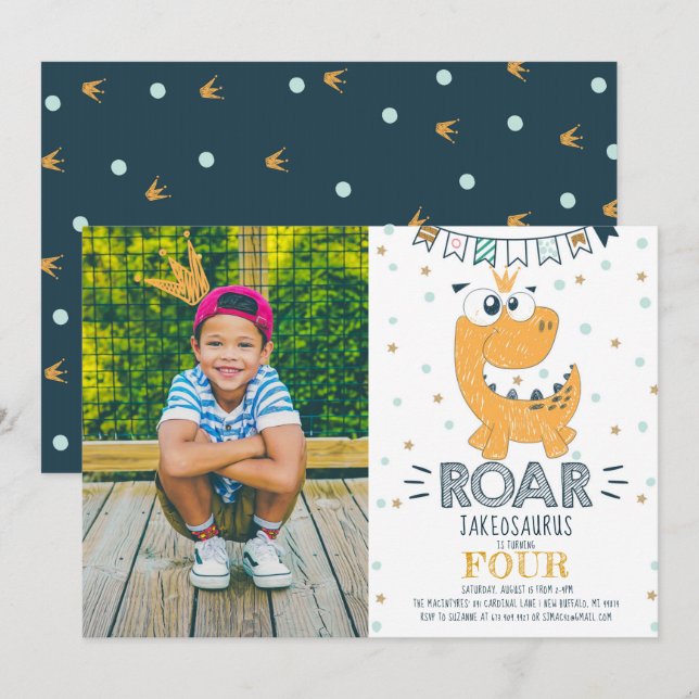 Invitación Foto de cumpleaños de los dinosaurios ROAR (Anverso / Reverso)