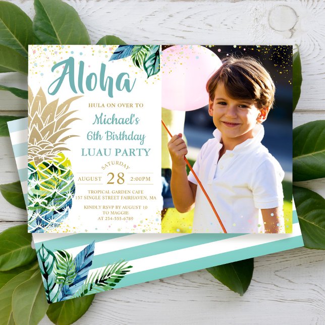 Invitación Foto de cumpleaños de Luau, Playa Tropical de Piña (Subido por el creador)