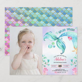Invitación Foto de cumpleaños de Mermaid Watercolor Splish Sp