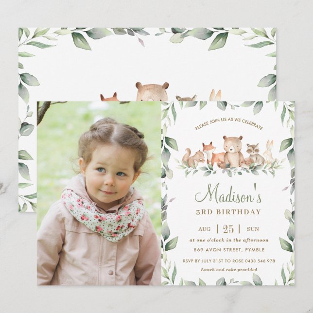 Invitación Foto de cumpleaños de moda Woodland Animales Green (Anverso / Reverso)