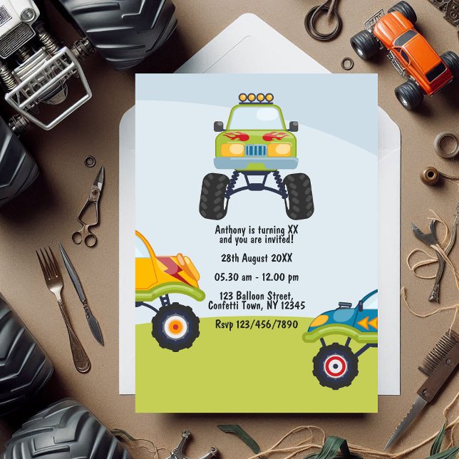 Invitación Foto de cumpleaños de Monster Truck personalizada (Personalized Monster Truck Birthday Photo Invitation)
