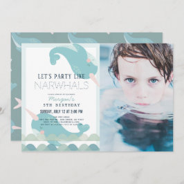Invitación Foto de cumpleaños de Narwhal Waves Sea Blue Boy