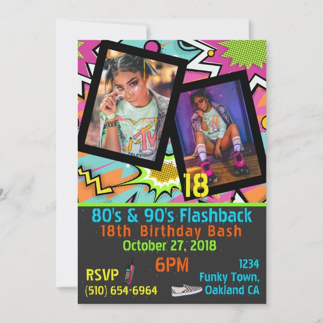Invitación Foto de cumpleaños de Neon 80's|90 de Flashback Hi (Reverso)