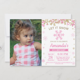 Invitación Foto de cumpleaños de niña con copo de nieve rosa