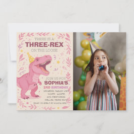 Invitación Foto de cumpleaños de niña con dinosaurio Three-Re