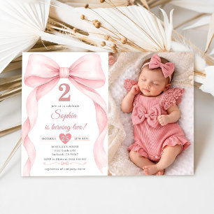 Invitación Foto de cumpleaños de niña de 2 años con lazo rosa