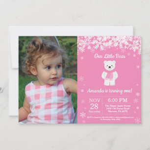 Invitación Foto de cumpleaños de niña en invierno con oso pol