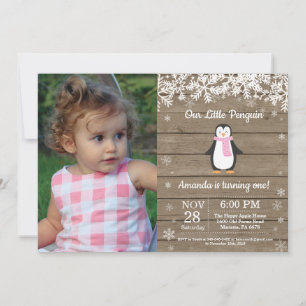 Invitación Foto de cumpleaños de niña en invierno con pingüin