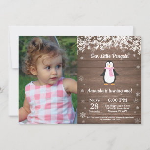 Invitación Foto de cumpleaños de niña en invierno con pingüin