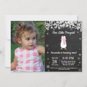 Invitación Foto de cumpleaños de niña en invierno con pingüin
