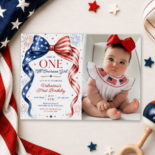 Invitación Foto de cumpleaños de niña estadounidense de rojo,
