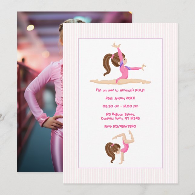 Invitación Foto de cumpleaños de niña gimnasta (Anverso / Reverso)