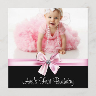 Invitación Foto de cumpleaños de niñas de rosa y negro para p