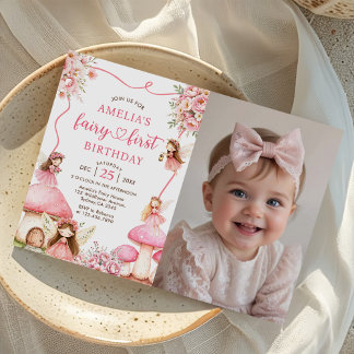 Invitación Foto de cumpleaños de niñas Floral Fairy First Gir