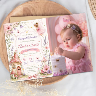 Invitación Foto de cumpleaños de niñas florales en jardín de 