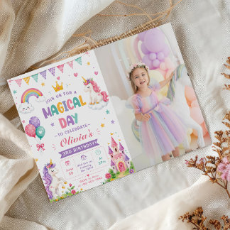 Invitación Foto de cumpleaños de niñas lindas unicornios rosa