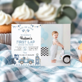 Invitación Foto de cumpleaños de niño con coche de carreras a
