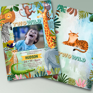 Invitación Foto de cumpleaños de niño con dos animales salvaj