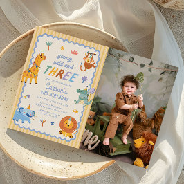 Invitación Foto de cumpleaños de niño de 3 años con animales 