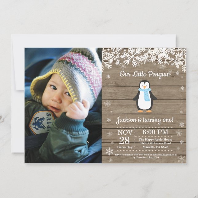 Invitación Foto de cumpleaños de niño de invierno de pingüino (Anverso)