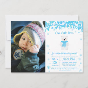Invitación Foto de cumpleaños de niño oso polar en invierno
