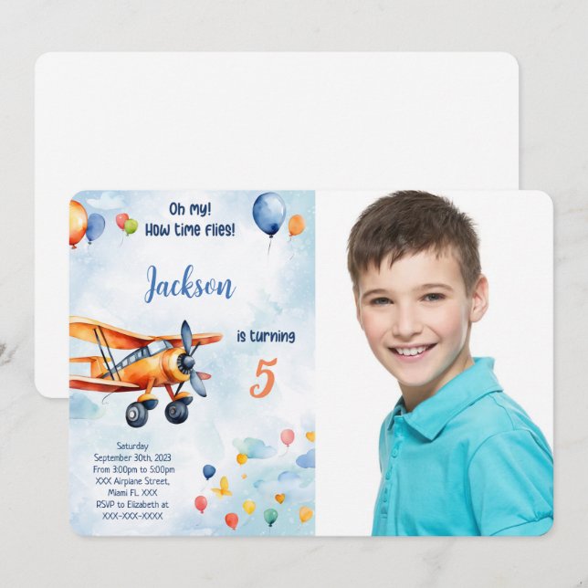 Invitación Foto de cumpleaños de niños con avión naranja (Anverso / Reverso)