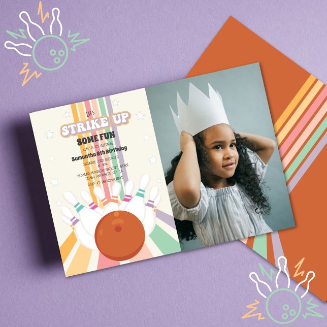 Invitación Foto de cumpleaños de niños con boliche retro (Subido por el creador)