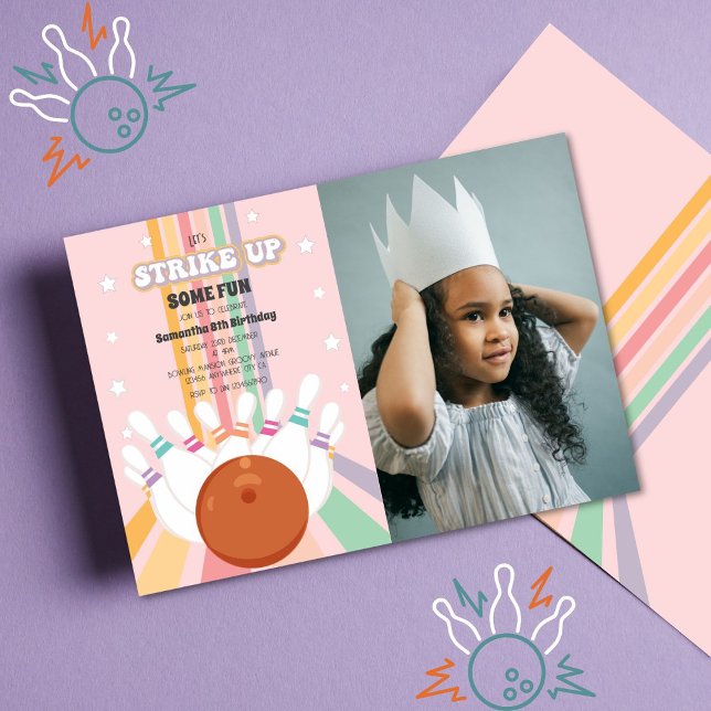 Invitación Foto de cumpleaños de niños con boliche retro (Subido por el creador)