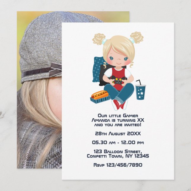 Invitación Foto de cumpleaños de niños con tema de juegos (Anverso / Reverso)