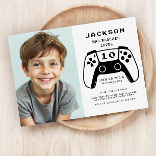 Invitación Foto de cumpleaños de niños gamers con nivel actua