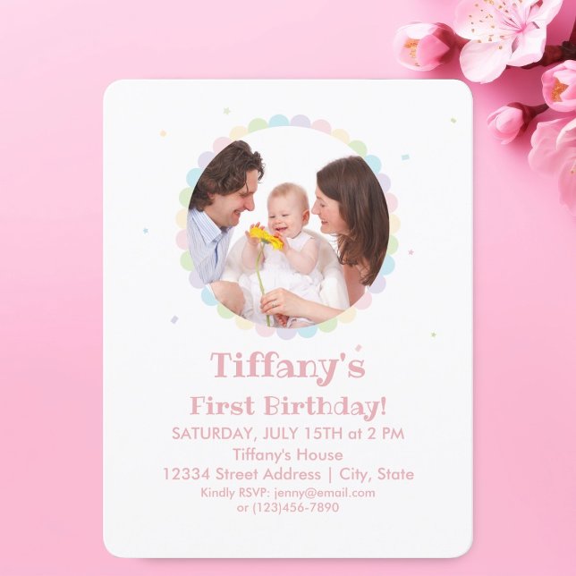 Invitación Foto de cumpleaños de niños rosados con marco de f (Subido por el creador)