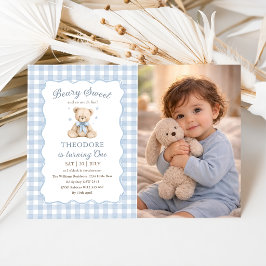 Invitación Foto de cumpleaños de osito azul dulce globo Teddy