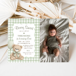 Invitación Foto de cumpleaños de osito con globo verde