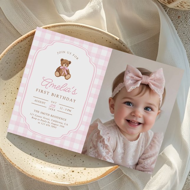 Invitación Foto de cumpleaños de osito de peluche de gingham  (Subido por el creador)