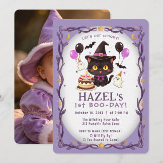 Invitación Foto de cumpleaños de Pastel Bruja Gato Mago Cute