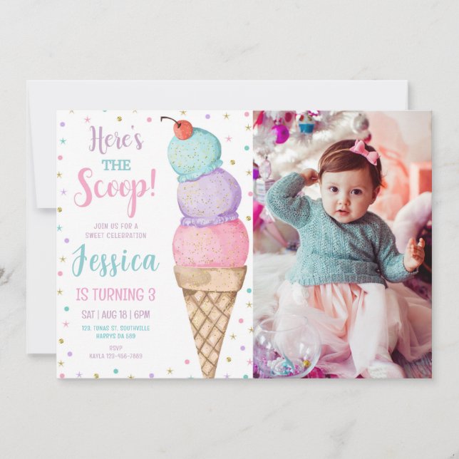 Invitación Foto de cumpleaños de Pastel Ice Cream (Anverso)