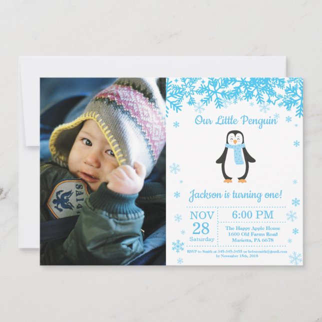 Invitación Foto de cumpleaños de Penguin Winter Boy (Anverso)