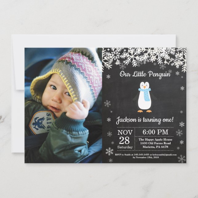 Invitación Foto de cumpleaños de Penguin Winter Boy (Anverso)