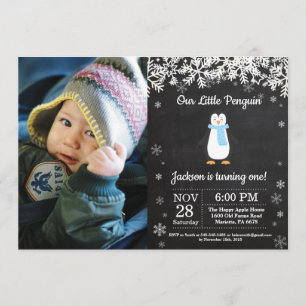 Invitación Foto de cumpleaños de Penguin Winter Boy