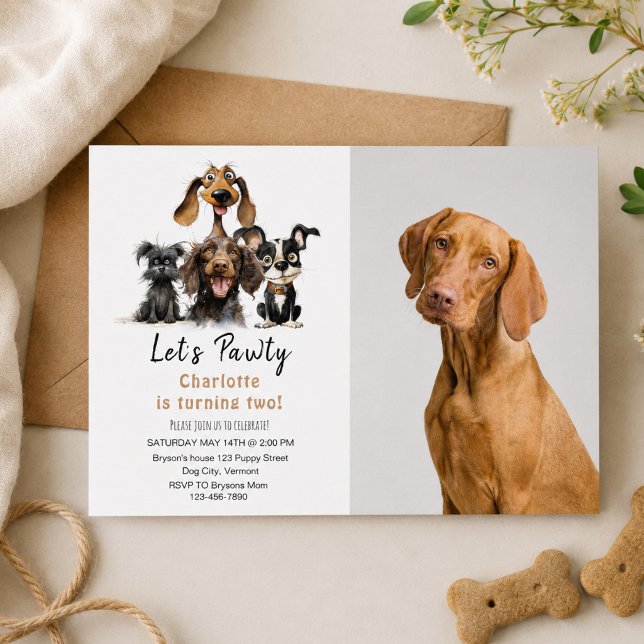 Invitación Foto de cumpleaños de perro Vamos a Pawty (Dog Let's Pawty Birthday photo Invitation)