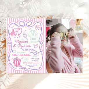 Invitación Foto de cumpleaños de pijamada de palomitas de maí
