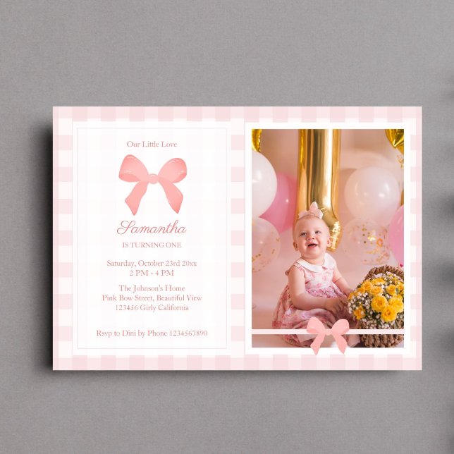 Invitación Foto de cumpleaños de Pink Gingham Bow (Subido por el creador)